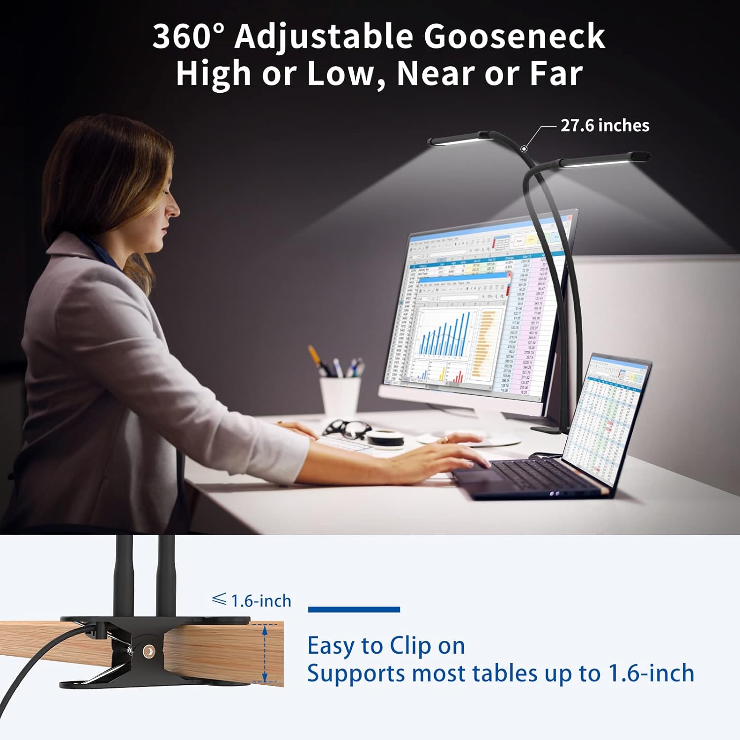 77 LED Desk Clamp Lamp with 27.6 in Flexible Gooseneck – Ravien