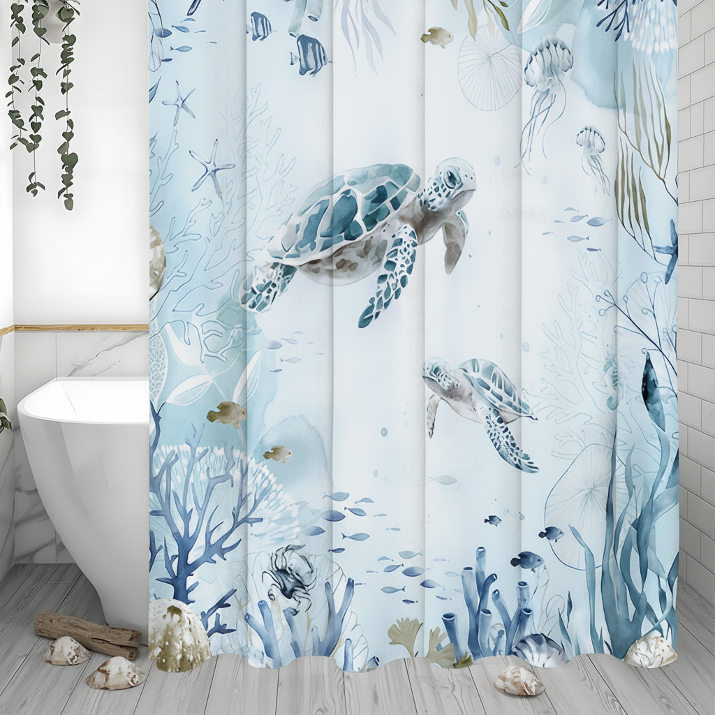 Sea-themed shower curtain coastal decor - TurtleDrift