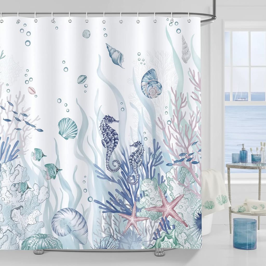 Ocean-themed shower curtain polyester - OceanMuse