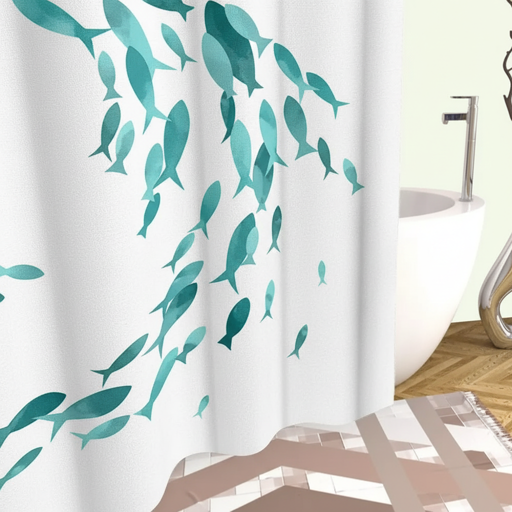 Washable Fabric Shower Curtain with Hooks - TurquiFin