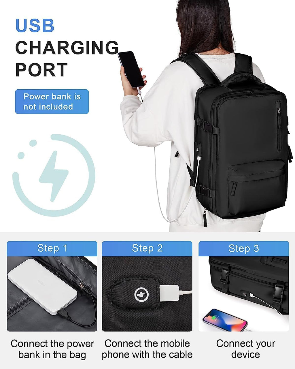 40L Waterproof Travel Backpack with Shoe Compartment & USB Port – 14” (35.56 cm)Laptop Fit