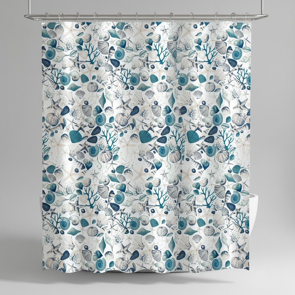 Fabric shower curtain with plastic hooks - SplashDot