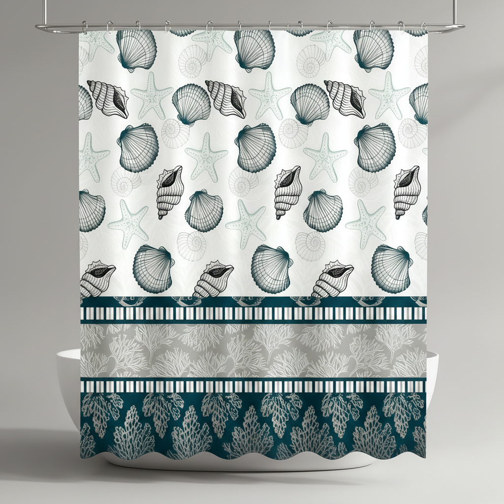 Fabric shower curtain with plastic hooks - SplashDot