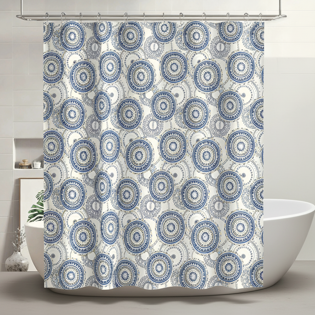 Fabric shower curtain with plastic hooks - SplashDot