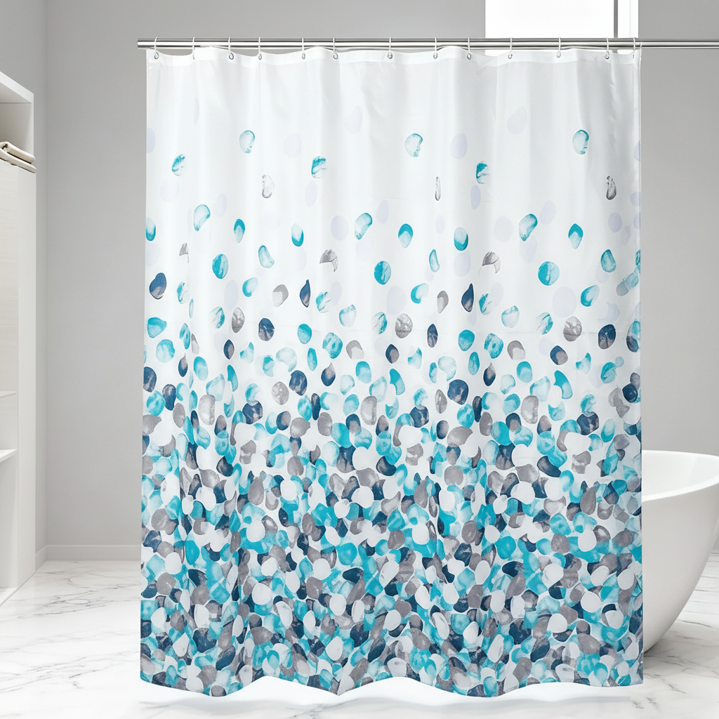 Fabric shower curtain with plastic hooks - SplashDot