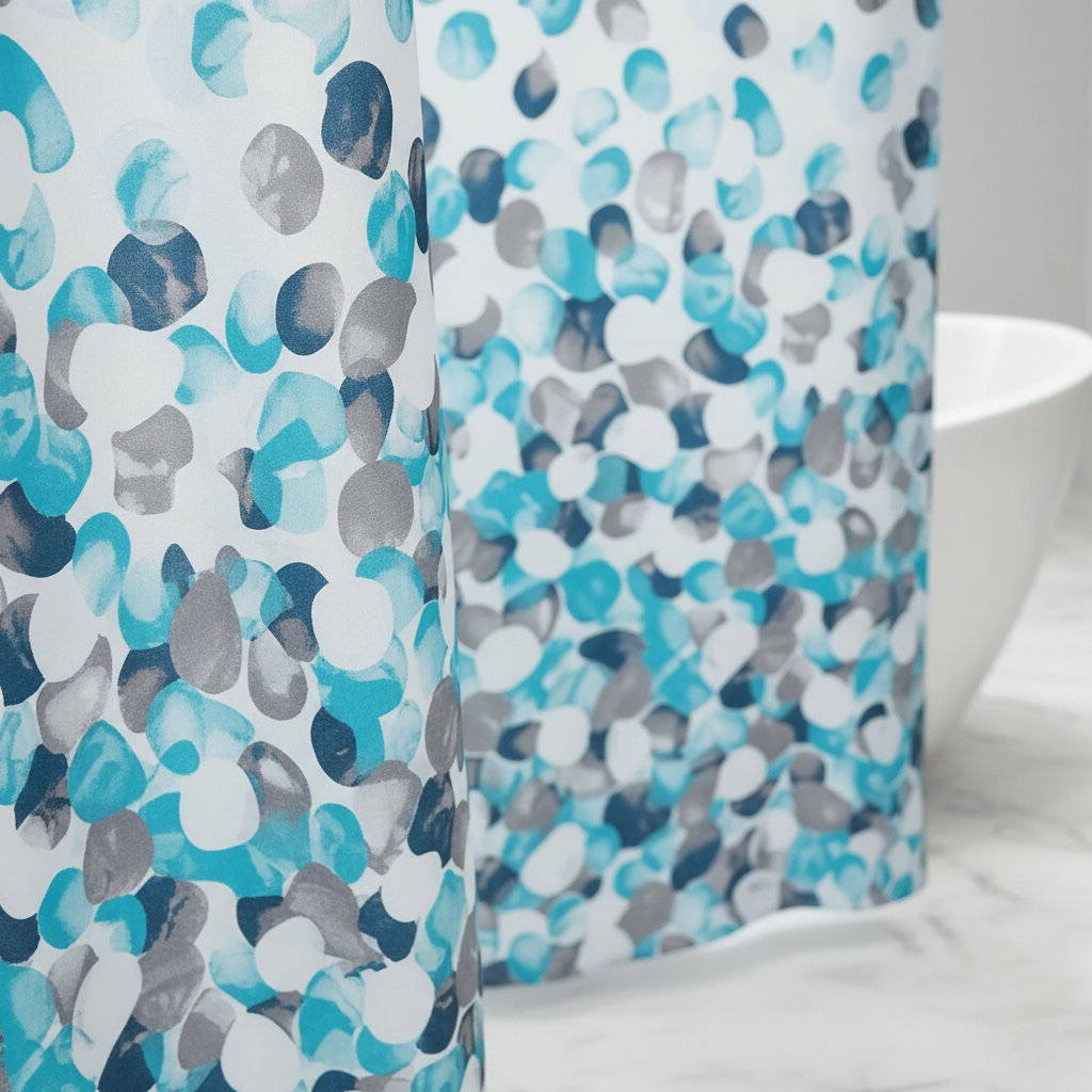 Fabric shower curtain with plastic hooks - SplashDot