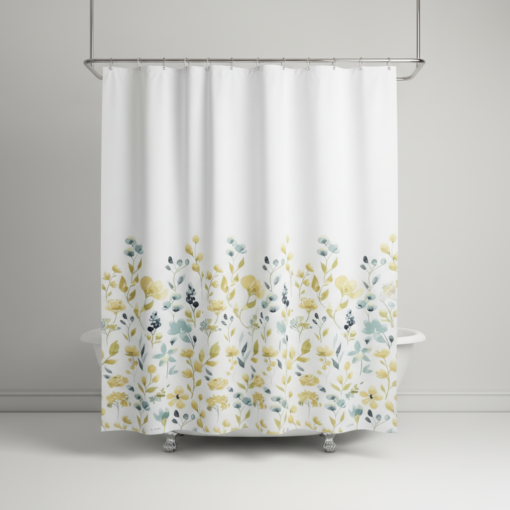 Fabric shower curtain with plastic hooks - SplashDot