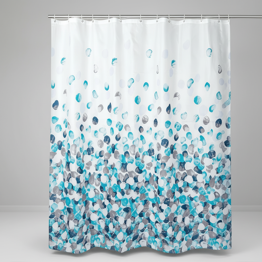 Fabric shower curtain with plastic hooks - SplashDot